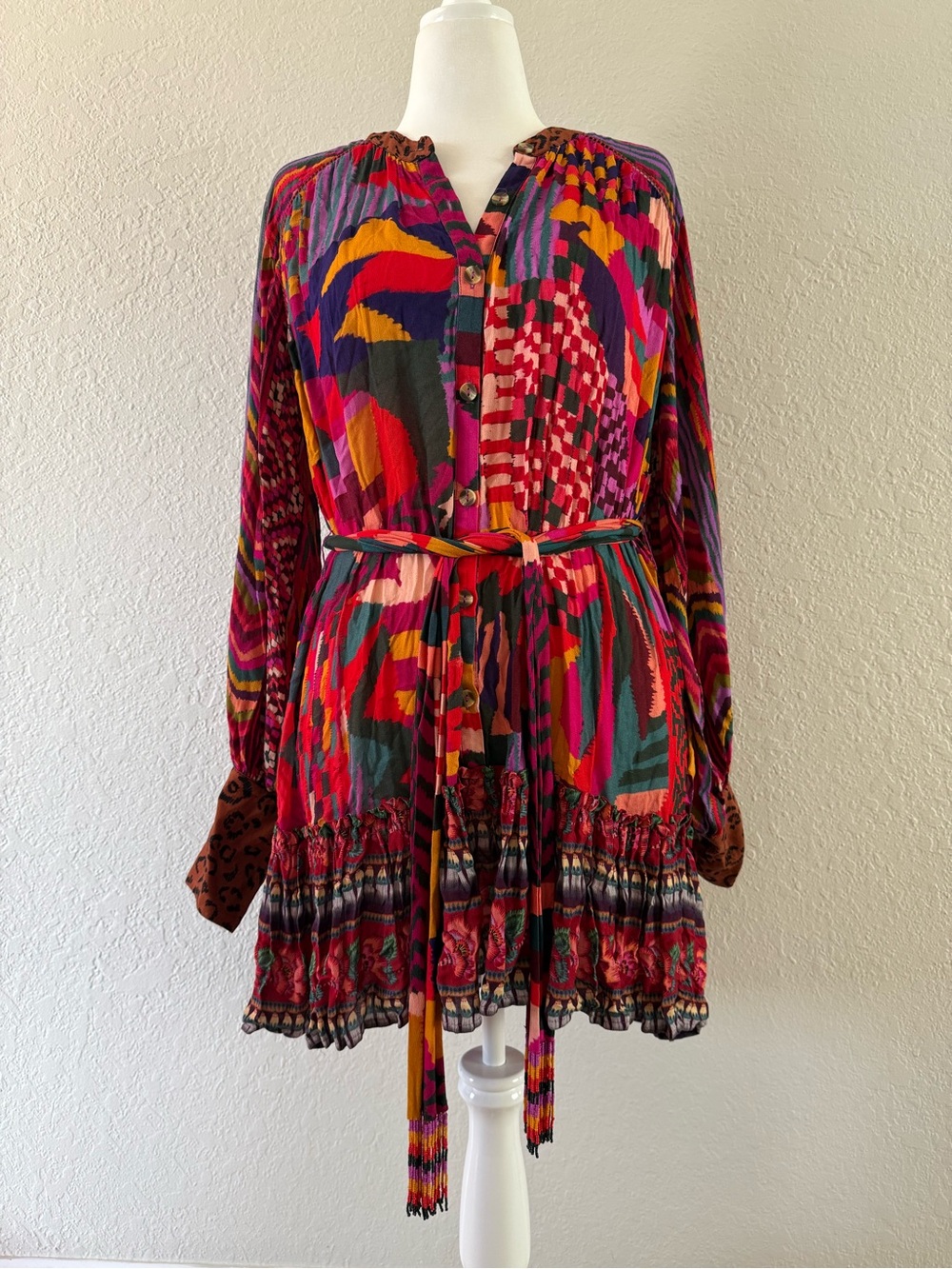 NWOT Farm Rio Colorful Abstract Patchwork Belted Mini Dress Size S Long Sleeve